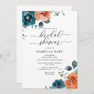 Rust Orange Teal Burnt Floral Bridal Shower Invitation