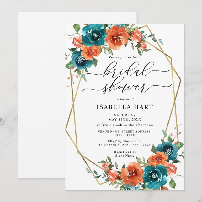 Rust Orange Teal Burnt Gold Floral Bridal Shower Invitation (Front/Back)