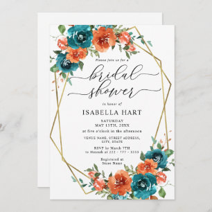 Rust Orange Teal Burnt Gold Floral Bridal Shower Invitation