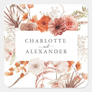 Rust Orange Terracotta Floral Watercolor Wedding Square Sticker