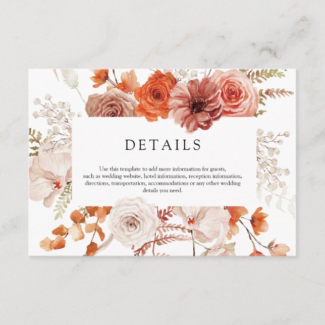 Rust Orange Terracotta Floral Wedding Details Enclosure Card (Front)