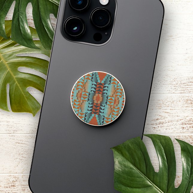 Rust Orange Turquoise Teal Blue Tribal Art Pattern PopSocket (Creator Uploaded)