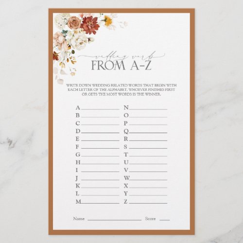 Rust Orange Watercolor Floral Bridal Shower Game