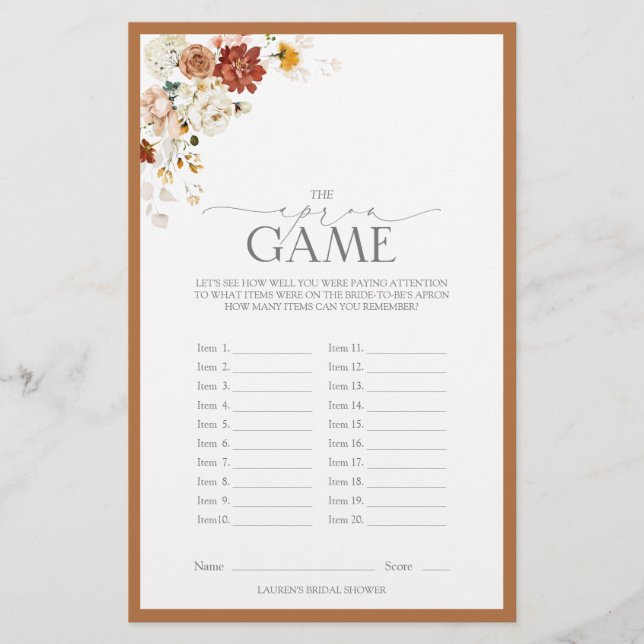 Rust Orange Watercolor Floral Bridal Shower Game (Front)