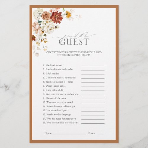 Rust Orange Watercolor Floral Bridal Shower Game