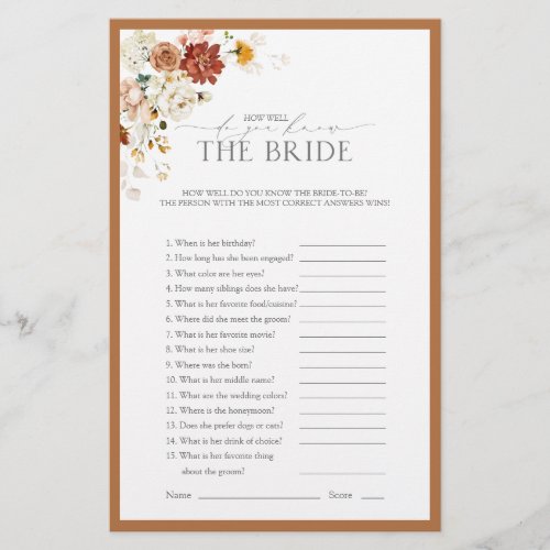 Rust Orange Watercolor Floral Bridal Shower Game