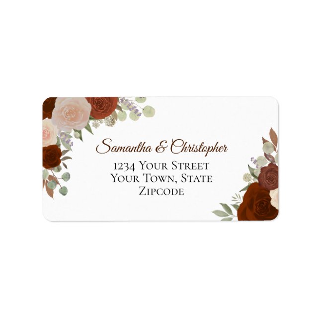 Rust Orange Watercolor Roses Chic Wedding Address Label (Front)