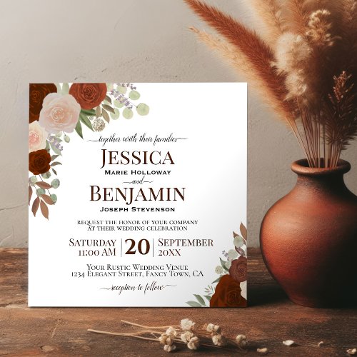 Rust Orange Watercolor Roses Elegant Wedding Invitation