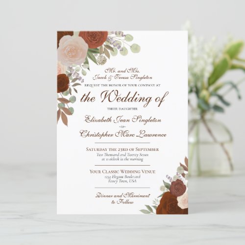 Rust Orange Watercolor Roses Formal Wedding Invitation