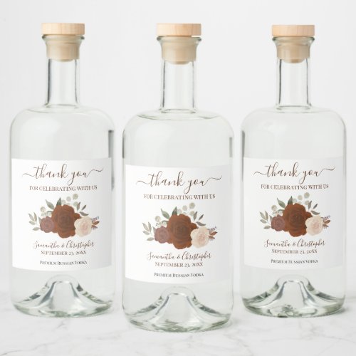 Rust Orange Watercolor Roses Wedding Thank You Liquor Bottle Label