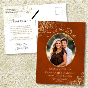 Rust Orange Wedding Save the Date Gold Oval Photo Announcement Postcard
