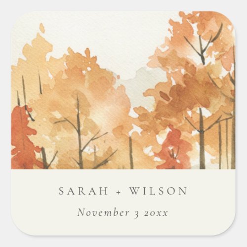 Rust Orange Yellow Autumn Fall Tree Wedding Square Sticker