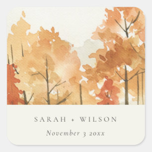 Rust Orange Yellow Autumn Fall Tree Wedding Square Sticker