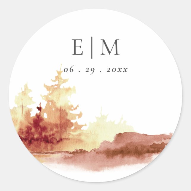 Rust Orange Yellow Fall Trees Monogram Wedding Classic Round Sticker (Front)