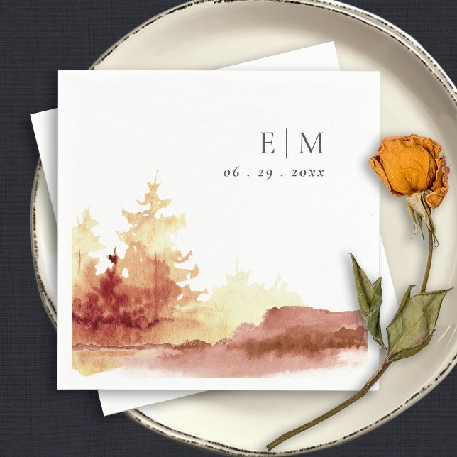Rust Orange Yellow Fall Trees Monogram Wedding Napkins (Creator Uploaded)