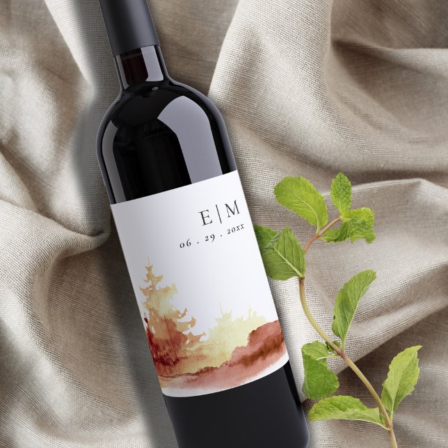 Rust Orange Yellow Fall Trees Monogram Wedding  Wine Label (Creator Uploaded)