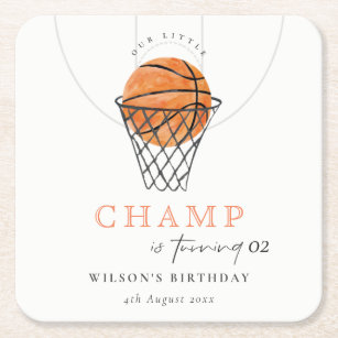 Rust Our Little Champ Basketball Any Age Birthday Square Paper Coaster