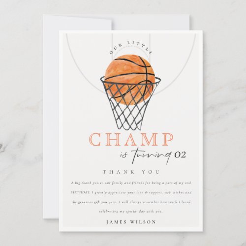 Rust Our Little Champ Basketball Any Age Birthday Thank You Card