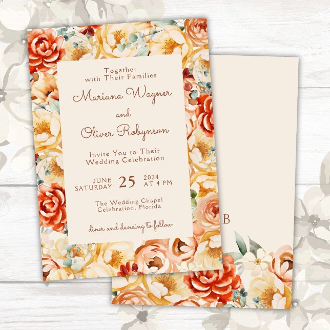Rust Peach Beige Romantic Floral Wedding Invitation (Creator Uploaded)