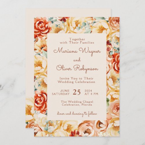 Rust Peach Beige Romantic Floral Wedding Invitation