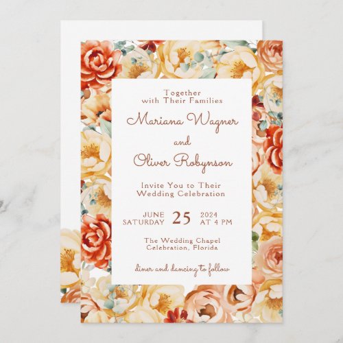 Rust Peach Beige White Romantic Floral Wedding Invitation