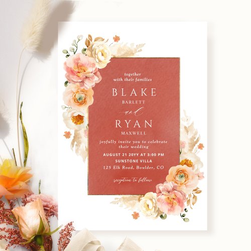 Rust Peach Blush and Cream Floral Chic Wedding Invitation