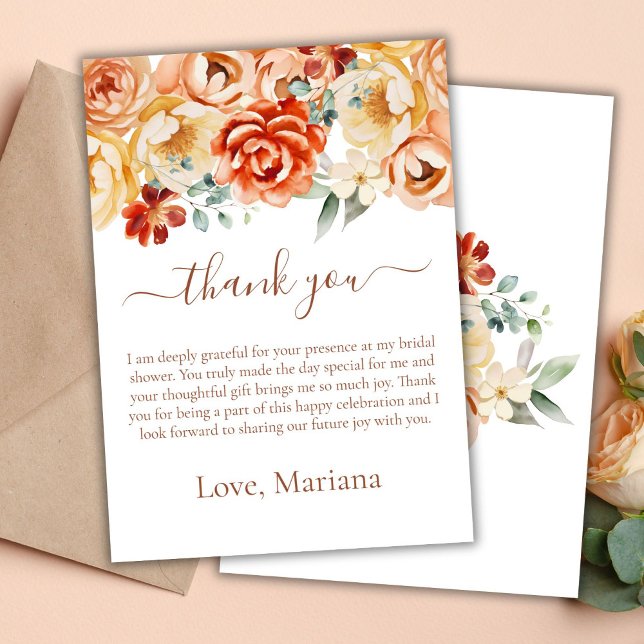 Rust Peach Floral Bridal Shower Thank You Card (Creator Uploaded)