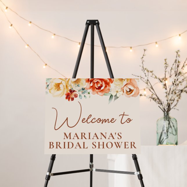 Rust Peach Floral Bridal Shower Welcome Sign (In Situ (Stand))