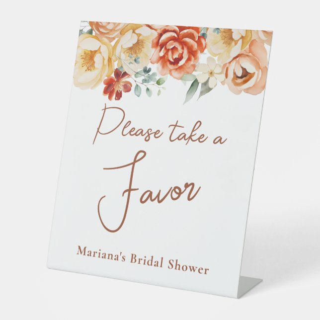 Rust Peach Floral Bridal Wedding Favors Pedestal Sign (Front)