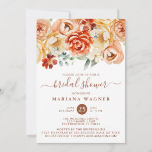 Rust Peach Romantic Floral Bridal Shower Invitation
