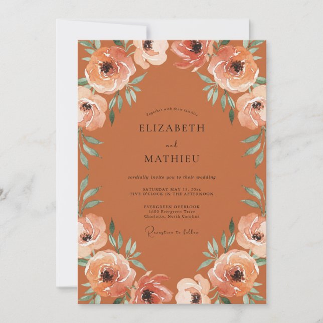 Rust Peach Romantic Floral Wedding Invitation (Front)