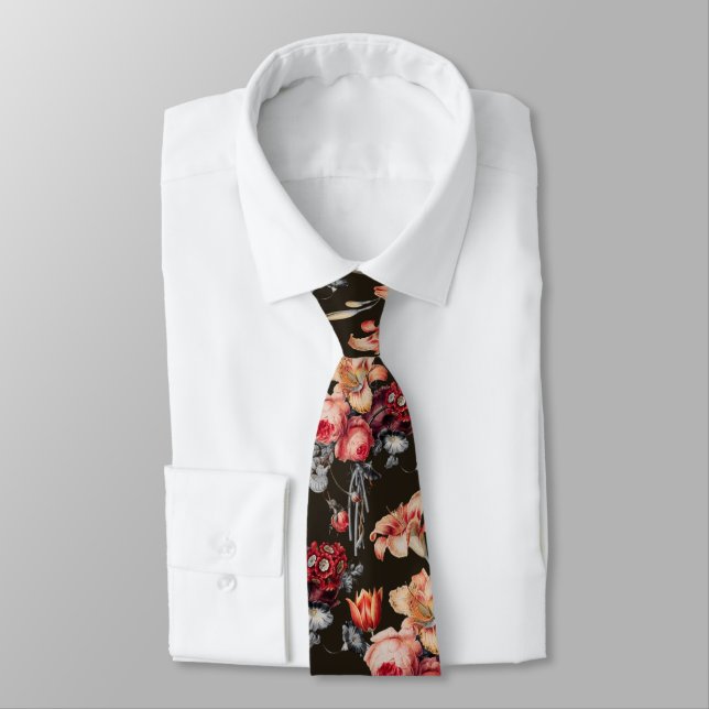 Rust Peach Vintage Floral Print  Neck Tie (Tied)