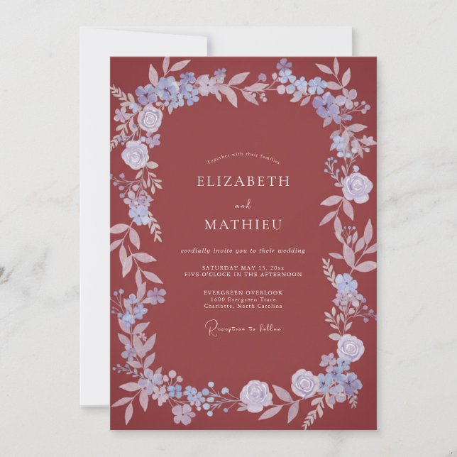 Rust Periwinkle Wreath Wedding Invitation (Front)