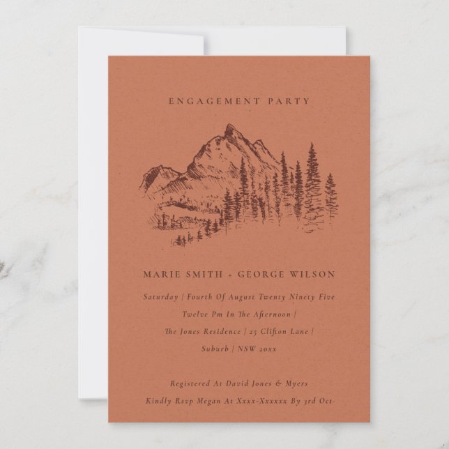 Rust Pine Woods Mountain Sketch Engagement Invite (Front)