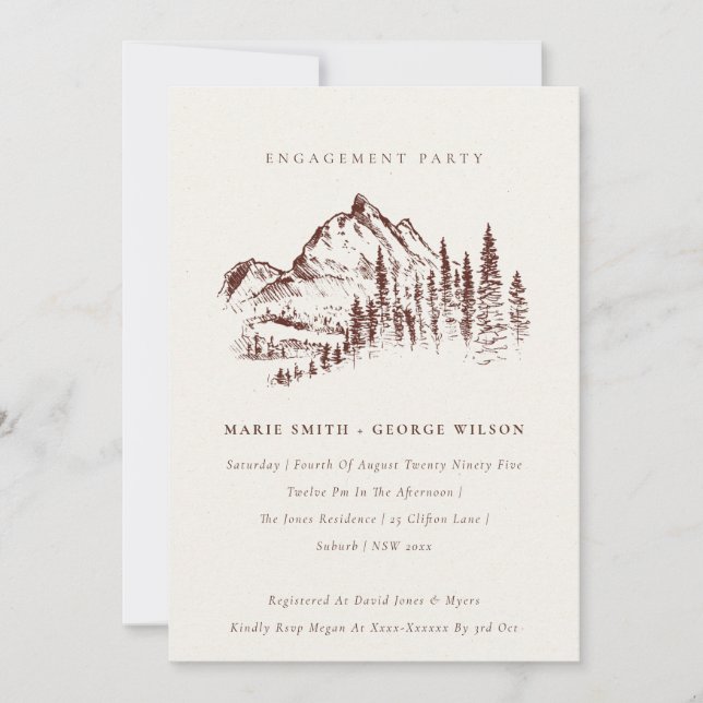 Rust Pine Woods Mountain Sketch Engagement Invite (Front)