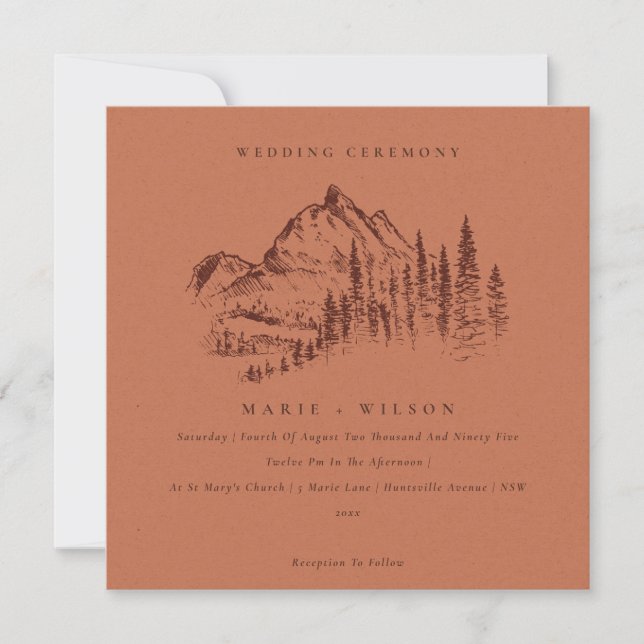 Rust Pine Woods Mountain Sketch Wedding Invite (Front)