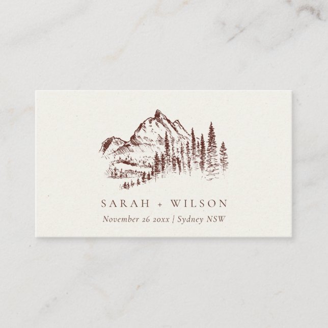 Rust Pine Woods Mountain Sketch Wedding Website Enclosure Card (Front)