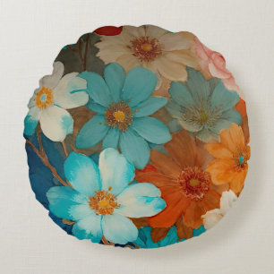 Rust, Pink and Turquoise Floral Round Pillow