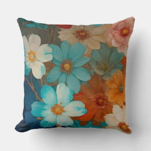 Rust, Pink and Turquoise Floral Throw Pillow