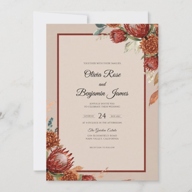 Rust Protea Leaf Wedding Invitation (Front)