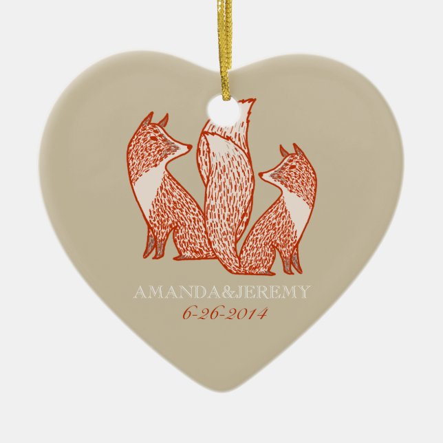 Rust Red and Ivory Foxes Anniversary Ceramic Ornament (Front)