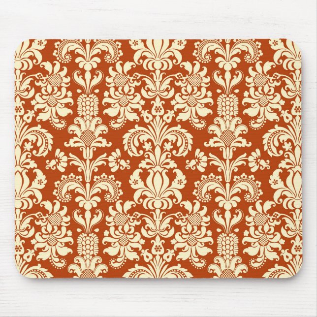 Rust-Red & Beige Floral Damask Pattern Mouse Pad (Front)