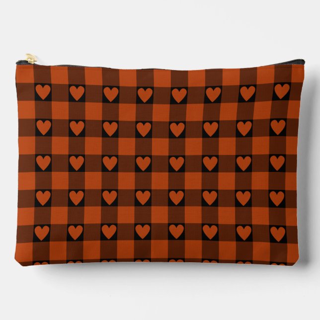 Rust Red Black Buffalo Heart Plaid Accessory Pouch (Front)