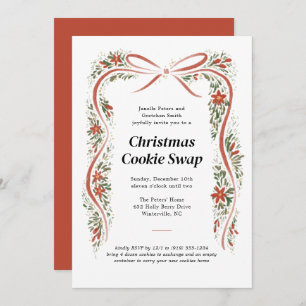 Rust Red Bow and Poinsettias Christmas Holiday Invitation