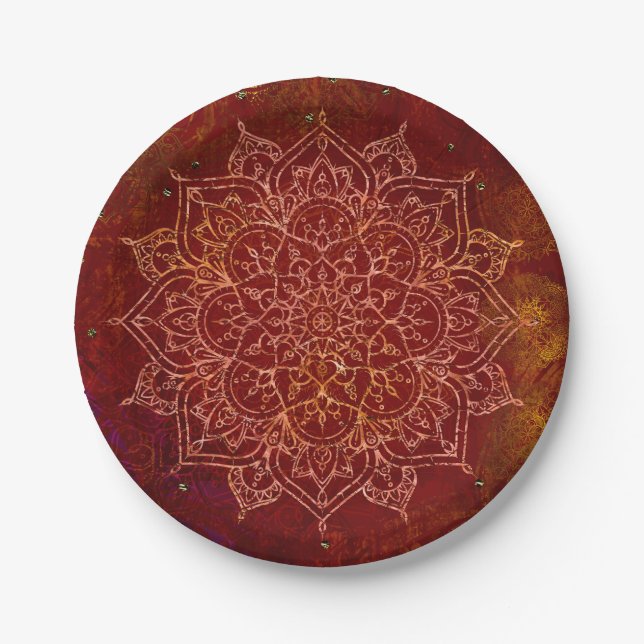 Rust Red Mandala Gold Glam Modern Chic Paper Plates (Front)
