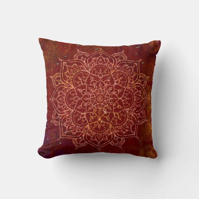 Rust Red Mandala Gold Glam Modern Chic Throw Pillow (Front)