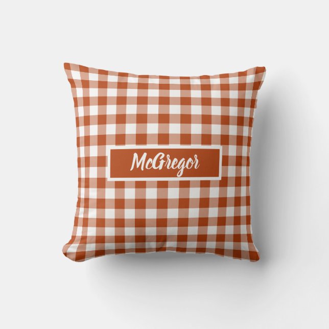 Rust Red Plaid Gingham Personalized Throw Pillow (Front)