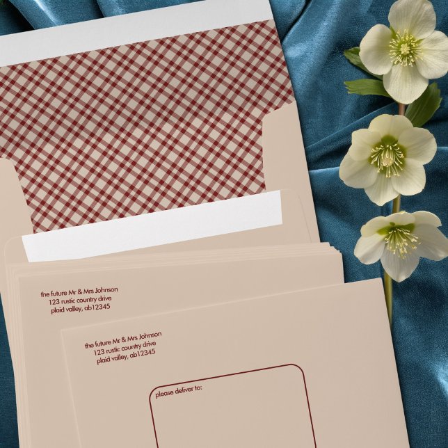 Rust Red Plaid Wedding Invitation Envelope (Return Address 5x7 Invite Envelope from the Rustic Red Plaid Western Wedding Suite by Darling & May)