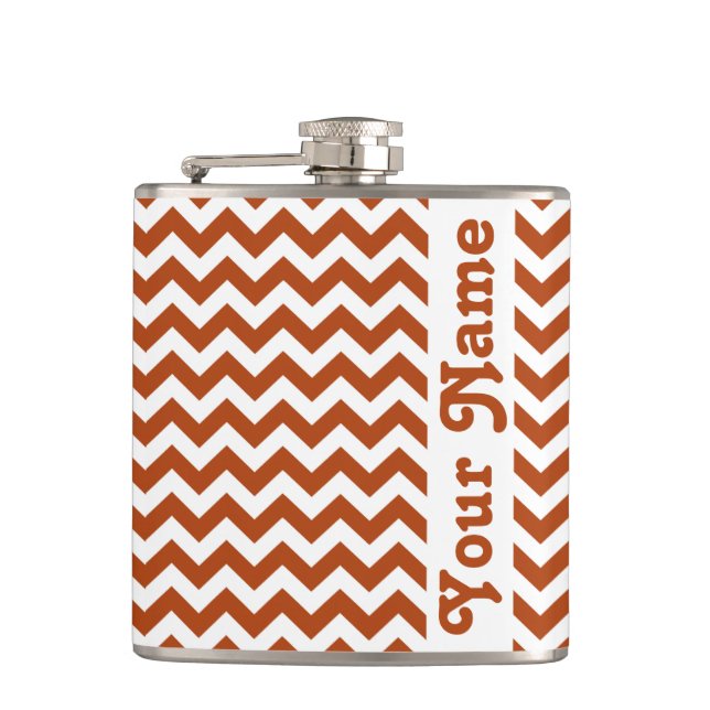 Rust Red Safari Chevron with customizable name Flask (Front)