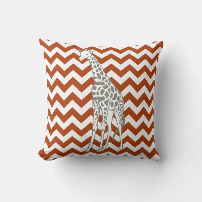 Rust Red Safari Chevron with Pop Art Giraffe Throw Pillow (Front)